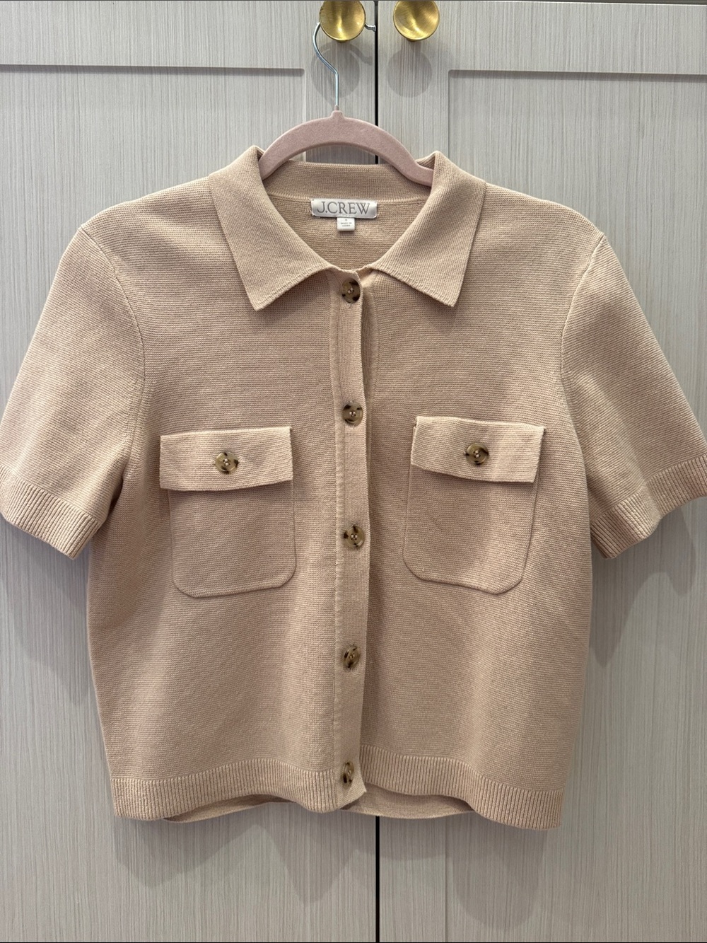 J. Crew Short-Sleeve Knit Button-Up Jacket in Beige